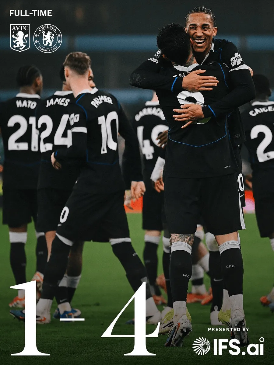 维拉1-4切尔西全场数据：控球率43%-57%，射门9-15，射正4-8